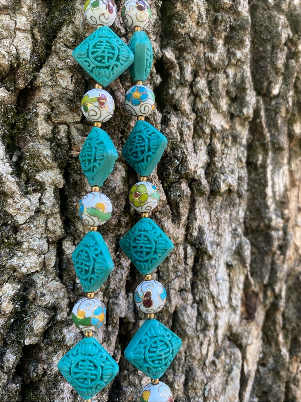 Handcrafted Carved Turquoise f Cinnabar Dragon Pendant, Shou, Cloisonné Necklace - Picture 14 of 15
